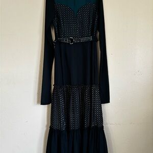 Elegant Blue Patterned Long Sleeve Dress With Belt